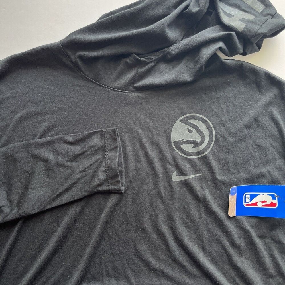 New Nike ATL Hawks Dri Fit Long Sleeve Hooded Oversized Black T Shirt Womens S